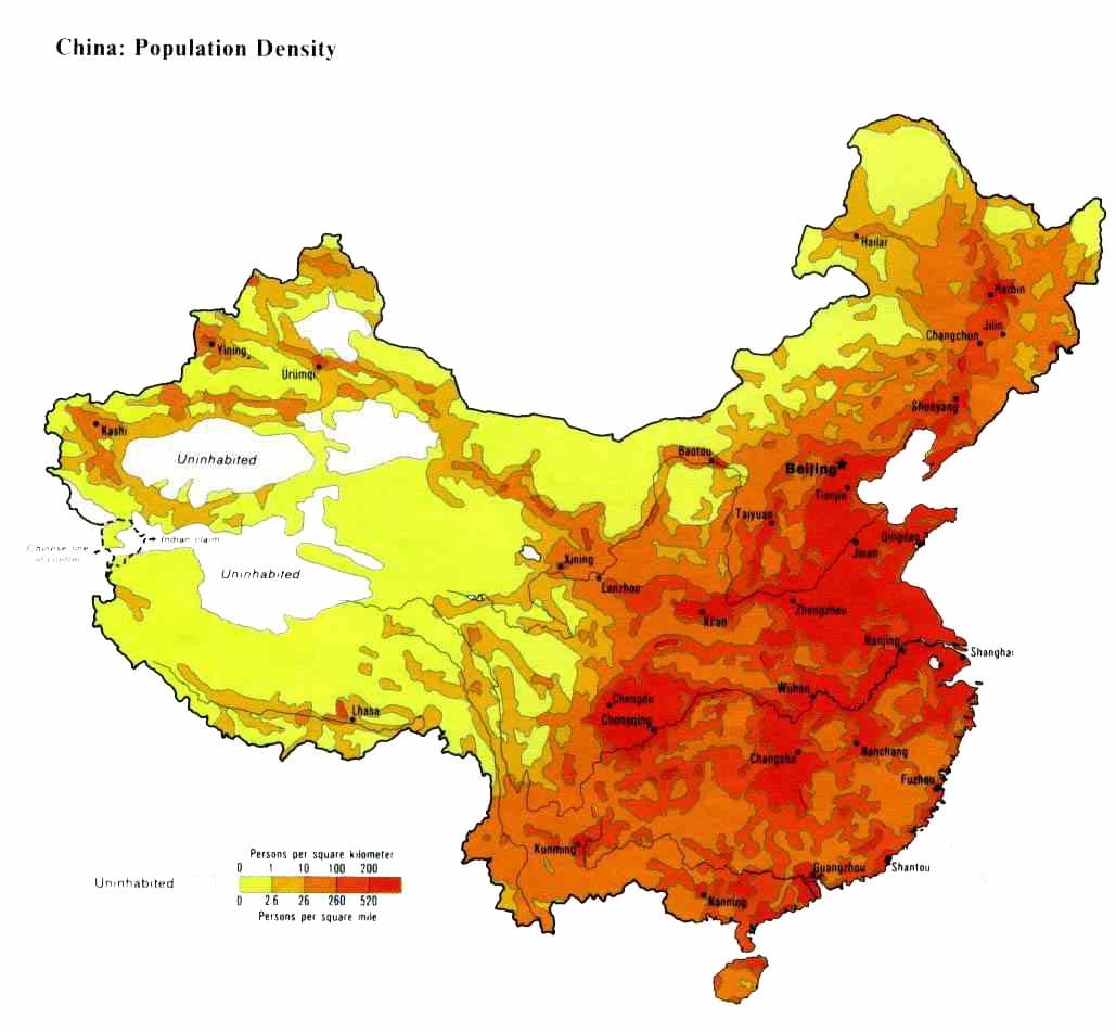 dendësia e popullsisë, Kina hartë