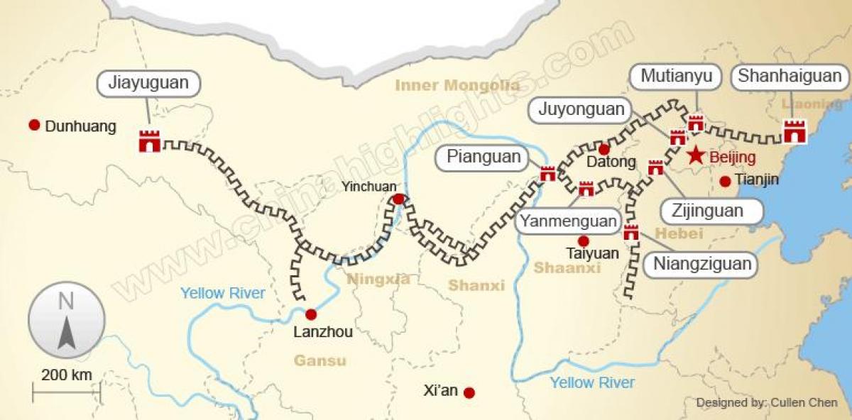 mur të madh të Kinës në hartë